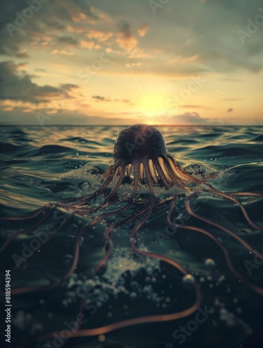 medusa pequeÃ±a nadando al amanecer, fotografÃ­a medusa en el mar y el cielo photo