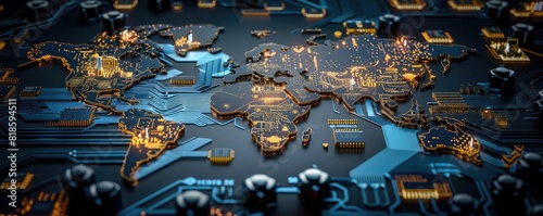 A circuit board designed in the shape of a world map, with electronic components marking major tech cities photo