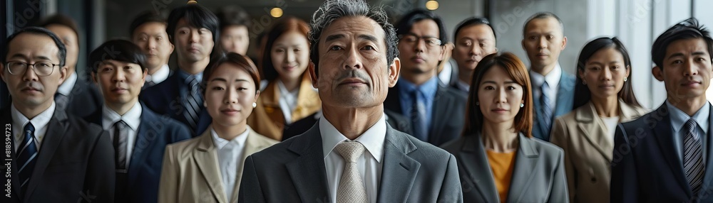 A group of professional business people of various ethnicities stand together in a modern office space A group of professional business people of various ethnicities stand together in a modern office space