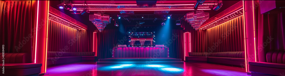 Highenergy performance space with dazzling neon lighting, waiting for the nights stars Highenergy performance space with dazzling neon lighting, waiting for the nights stars