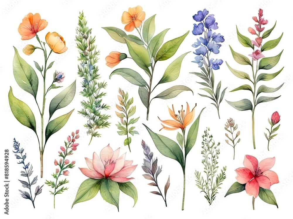 a collection of watercolor flowers and leaves