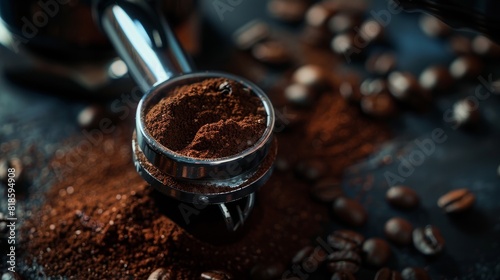 A portafilter with tamped coffee grounds surrounded by spilled coffee beans in a dark setting.

 photo