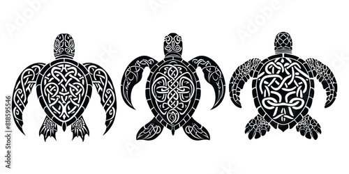 Celtic Turtle vector set. doodle style, Logo, symbol, and Celtic ornaments. black and white Vector illustration