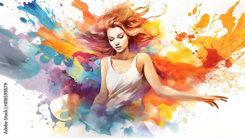 Close up of young beautiful woman portrait with dynamic watercolor splash. Artistic and abstract painting concept. Creativity and beauty expression for design and modern art. Imagination. AIG35.
