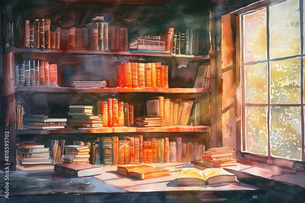 A watercolor painting of a library