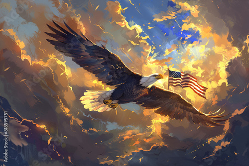 Celebrate Independence Day with the powerful image of an eagle soaring through the sky, proudly carrying the American flag, illuminated by the warm glow of sunlight photo