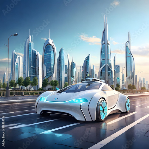 Autonomous vehicles on an intelligent transportation system, sleek self-driving cars navigating smart roads with embedded sensors photo