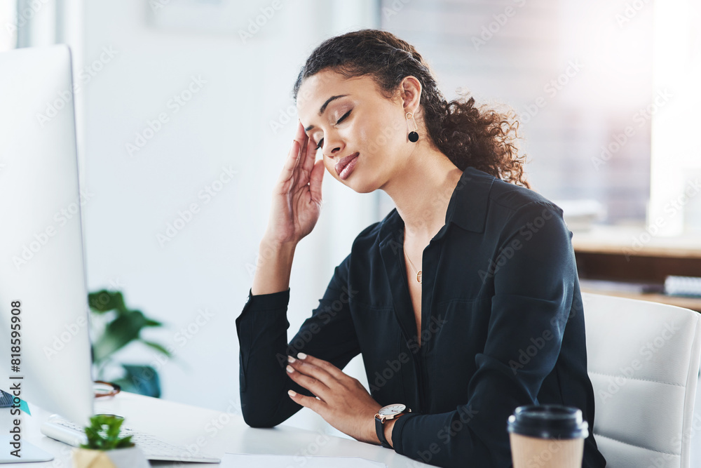Businesswoman, office and tired with headache stress or burnout fatigue with mental health, pain or brain fog. Female person, computer and overworked anxiety with overwhelmed, tension or migraine Businesswoman, office and tired with headache stress or burnout fatigue with mental health, pain or brain fog. Female person, computer and overworked anxiety with overwhelmed, tension or migraine