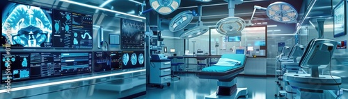 A cuttingedge operating room using AI diagnostic tools and cloud networking for comprehensive medical monitoring and data sharing