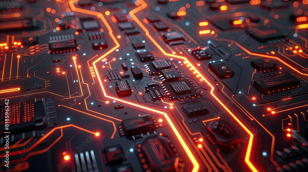 A detailed 3D rendering of a circuit board with glowing traces and microchips, viewed from a low angle