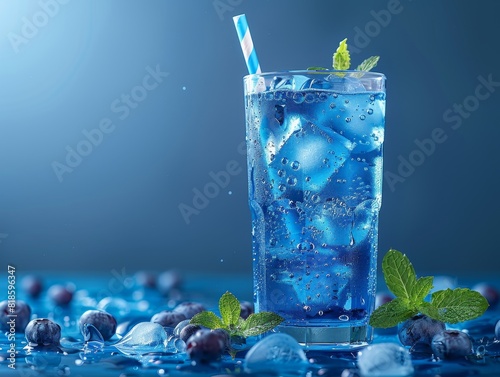 A glass of blue soda with an orange slice in it
