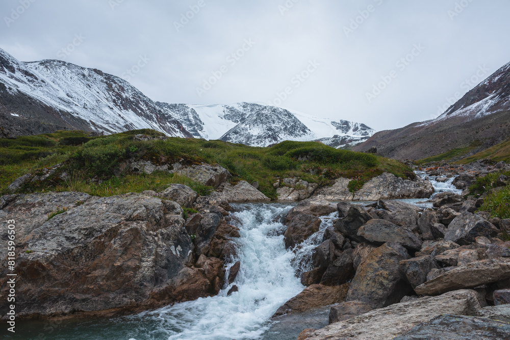 Fototapeta premium Gloomy alpine landscape with mountain creek in green valley among snowy mountains in rainy weather. Beautiful waterfall on cold river among big rocks and stones near grassy hill under gray cloudy sky.