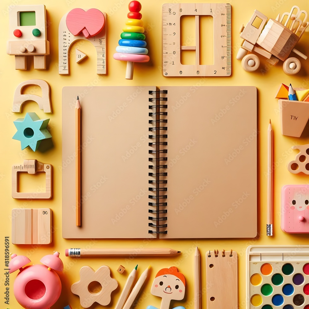 AI Generate of Wooden Kid Toys and Sketchbook Early Education, Kindergarten, Pre-school, Learn and Play Concept