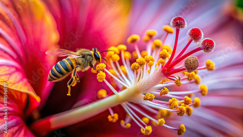 A closeup view of the delicate stamen and pistil of a blooming flower, highlighting the process of pollination photo