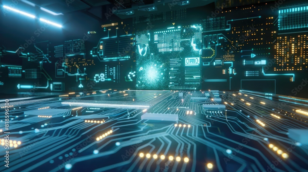 A detailed circuit board with electrons moving rapidly along its pathways, illuminated in green A detailed circuit board with electrons moving rapidly along its pathways, illuminated in green
