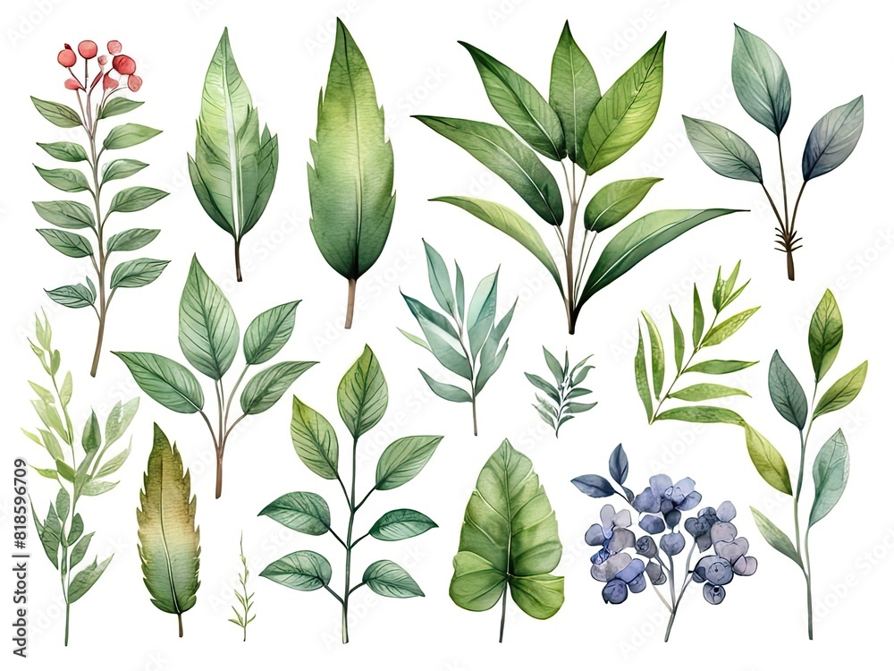 a collection of watercolors of several leaf stalks of different types a collection of watercolors of several leaf stalks of different types