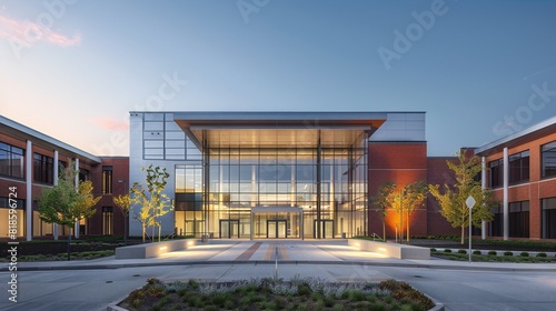 The hospital's frontage, designed with clear sightlines and accessible pathways for patients and visitors.