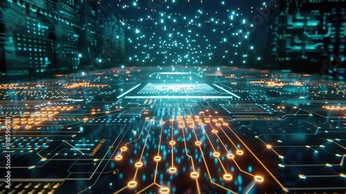 A detailed circuit board with electrons moving rapidly along its pathways  illuminated in green