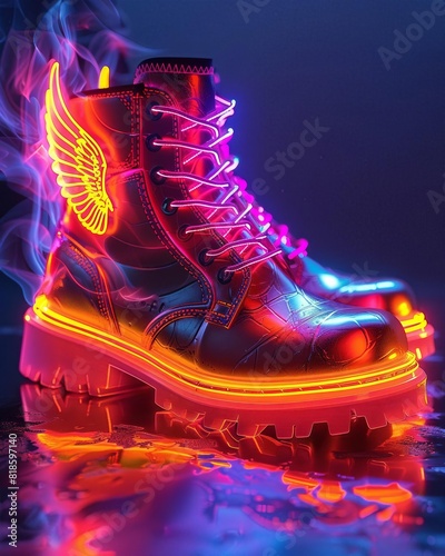 Vibrant neon winged boots glowing in colorful lights and smoke, creating a futuristic and edgy fashion statement.