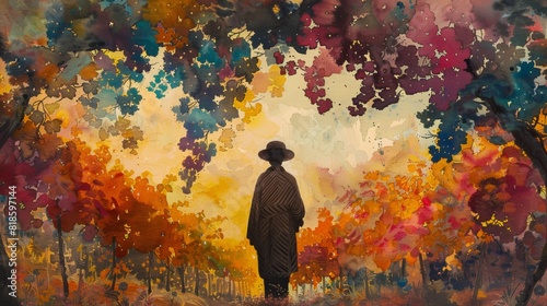 The image is a watercolor painting of a person walking through a vineyard. The person is wearing a hat and a long coat. The colors are warm and inviting.
