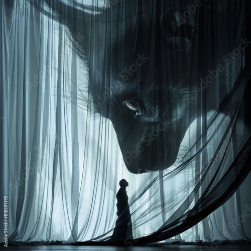 The photo shows a dark figure with bright eyes standing in front of a large white curtain