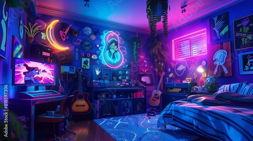 Whimsical bedroom with neon hues and animated characters playing musical instruments, creating a lively and magical scene