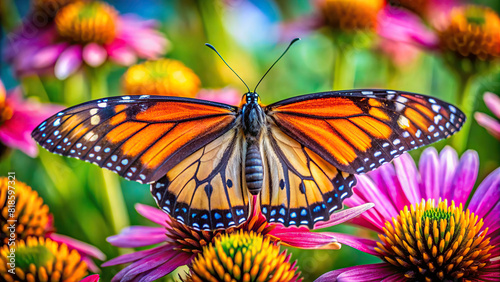 A macro shot of a vibrant butterfly perched delicately on a blooming flower, showcasing intricate details of its wings and antennae.