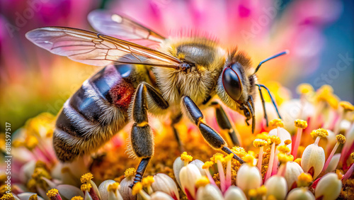 A detailed macro image of a honeybee collecting nectar from a flower, highlighting the symbiotic relationship between plants and insects. photo