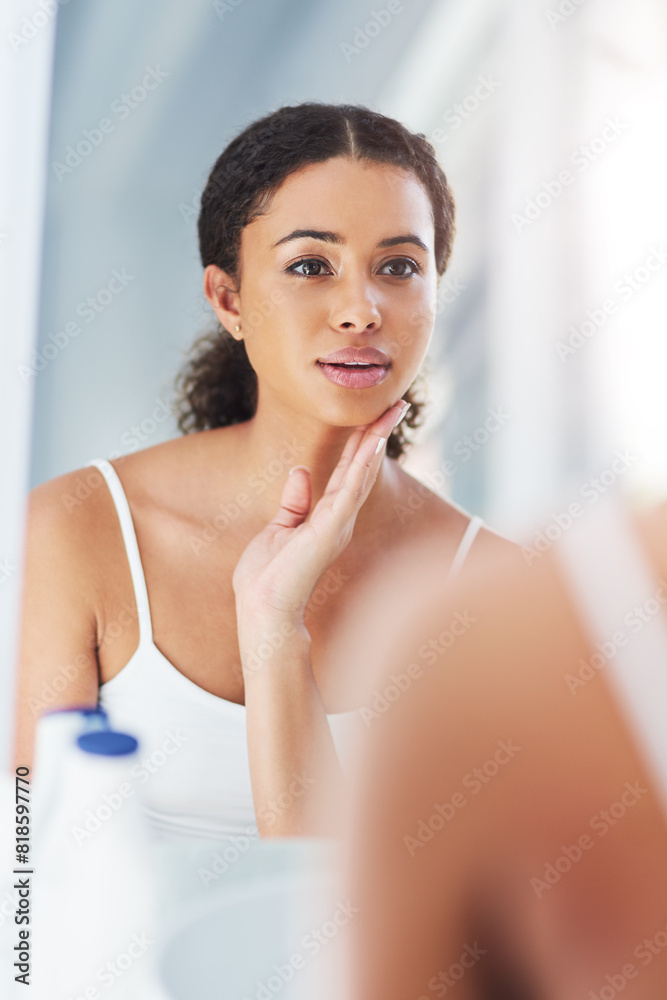 Home, mirror and woman in bathroom, dermatology and wellness with grooming routine, health and skincare. Person, apartment and girl with beauty, reflection and cosmetics with treatment and clear skin Home, mirror and woman in bathroom, dermatology and wellness with grooming routine, health and skincare. Person, apartment and girl with beauty, reflection and cosmetics with treatment and clear skin