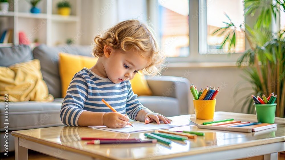 Child Drawing at Home: A young child deeply focused on drawing with crayons at a small table, showcasing creativity and learning at home.
