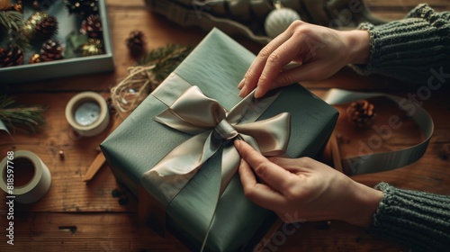 Vintage-style gift wrapping scene, hands tying a bow with a silky ribbon on a beautifully wrapped box, glue tape ready for sealing the edges