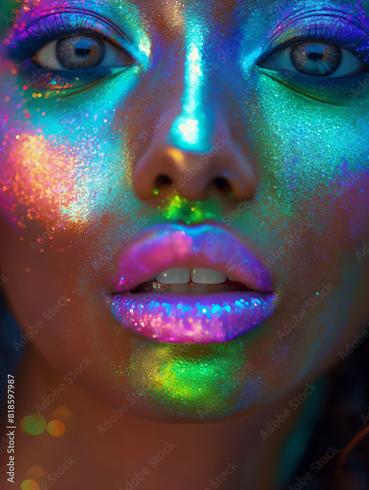 Schönes Gesicht einer Frau in Neon Blaulicht mit Kopfschmuck als Nahaufnahme