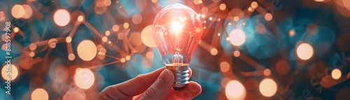 Innovation concept, a hand holding a bright light bulb, the spark of new ideas and creativity photo