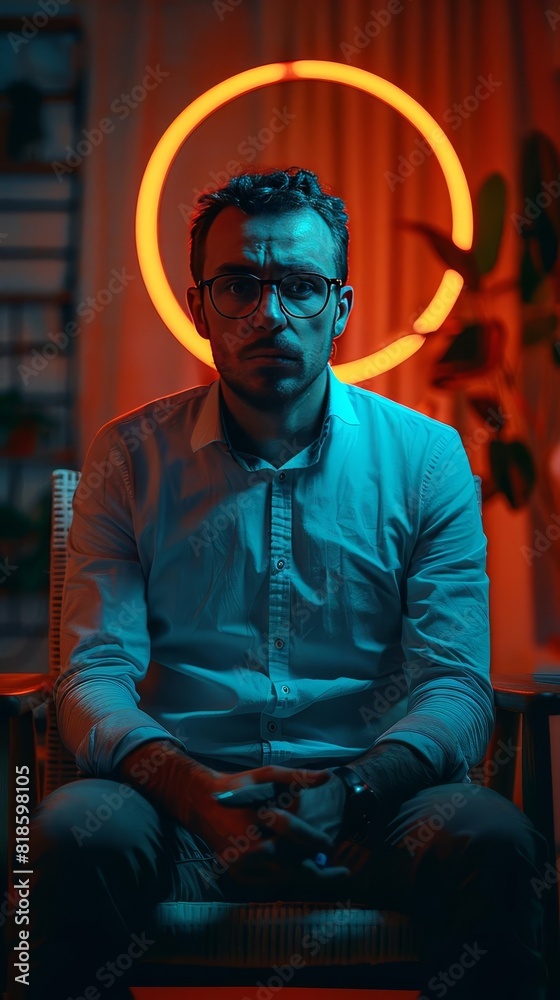 Moody portrait of a man with glasses and a beard, sitting in a chair in front of a glowing orange circle. Moody portrait of a man with glasses and a beard, sitting in a chair in front of a glowing orange circle.