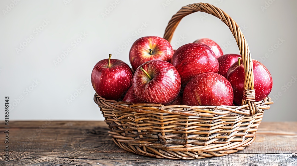 A basket filled with shiny red apples, placed on a rustic wooden table, isolated on white background, copy space A basket filled with shiny red apples, placed on a rustic wooden table, isolated on white background, copy space