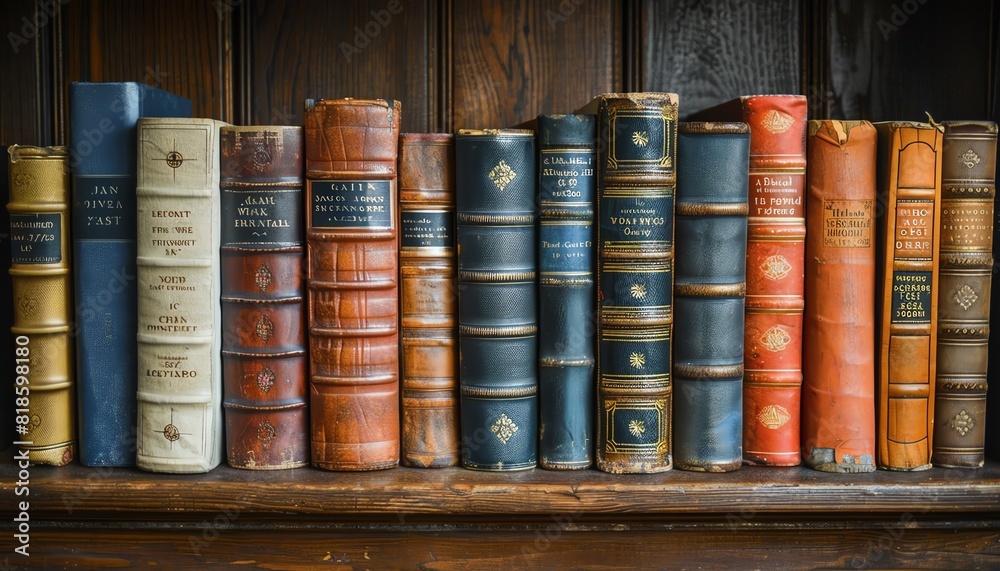A series of books neatly arranged on a shelf, symbolizing knowledge and learning, library background, copy space A series of books neatly arranged on a shelf, symbolizing knowledge and learning, library background, copy space