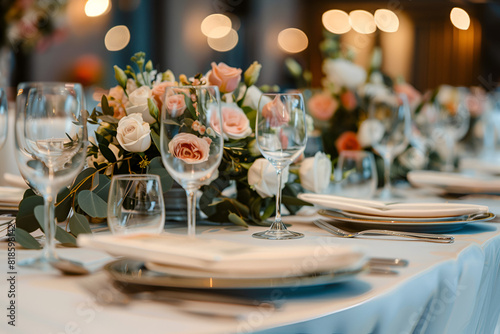 close up of wedding reception table setting with flower arrangements