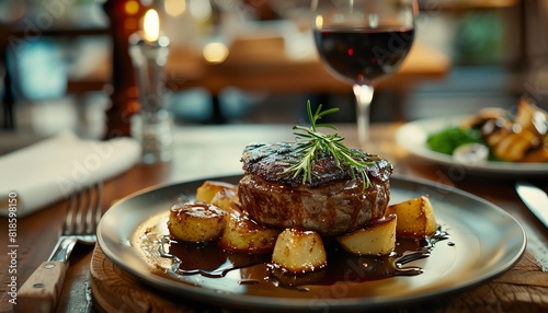 A delicious, wellpresented meal on a restaurant table, ready to be served, with utensils and a glass of wine, copy space photo