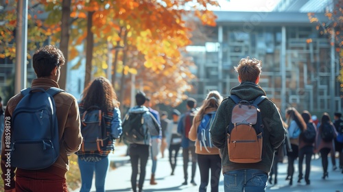 A busy college campus with students walking and talking, academic buildings in the background, copy space