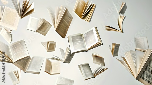 Scattered open books floating in mid-air. This conceptual artwork symbolizes the spreading of knowledge. Ideal for educational and literary themes. AI photo