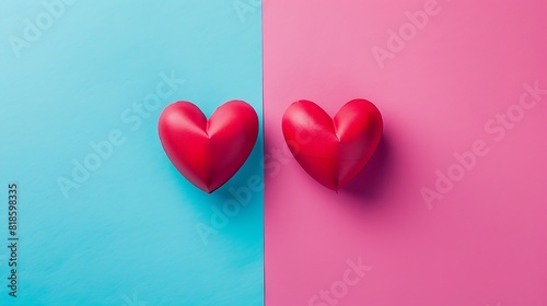 Top view of two red hearts in center of blue and pink cardboard background photo