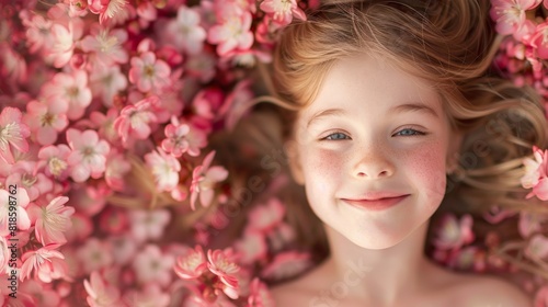 A young girl is laying in a bed of pink flowers