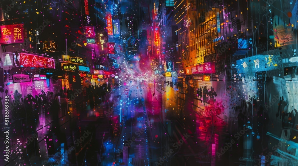 Urban night scene, close-up of a city ablaze with neon lights, colorful reflections on buildings under the night sky