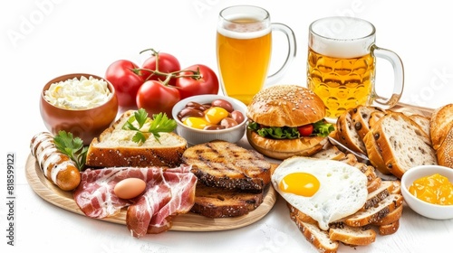 bavarians breakfast and beers, isolated on white background