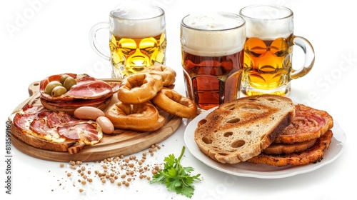 bavarians breakfast and beers, isolated on white background
