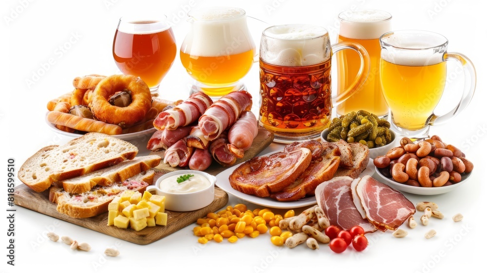 bavarians breakfast and beers, isolated on white background