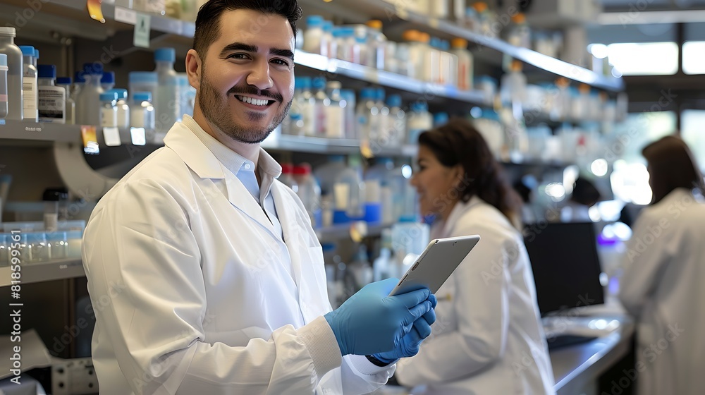 Smiling scientist in a modern lab holding a tablet. Contemporary laboratory setting filled with equipment and chemicals. Focus on technology and research. AI