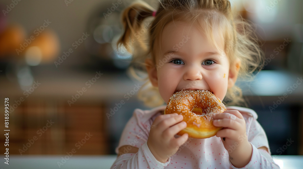 copy space, stockphoto, happy caucasian toddler eating a donut, national donut day theme. Happy black caucasian child with a donut. Colorful image. Sugar food. Child is having a good time, unhealthy f copy space, stockphoto, happy caucasian toddler eating a donut, national donut day theme. Happy black caucasian child with a donut. Colorful image. Sugar food. Child is having a good time, unhealthy f