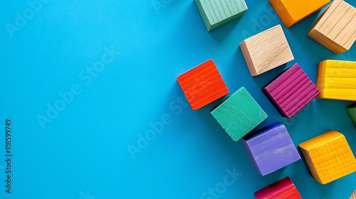 Wooden multi colored blocks on blue background