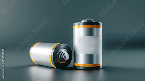 Close-up of two cylindrical batteries on a sleek surface. Modern battery design with metallic finish for technology and energy storage concepts. AI